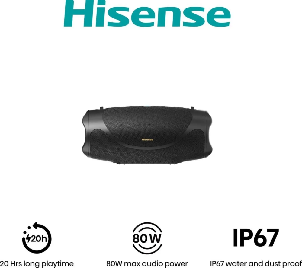 Преносима Bluetooth Тонколона Hisense FlexBoom, 80 W Максимална Мощност, до 20 часа Възпроизвеждане, IP67 Защита от Вода и Прах, Bluetooth 6.0, Auracast и TWS Сдвояване, Черен 1 Черна преносима Bluetooth тонколона Hisense FlexBoom