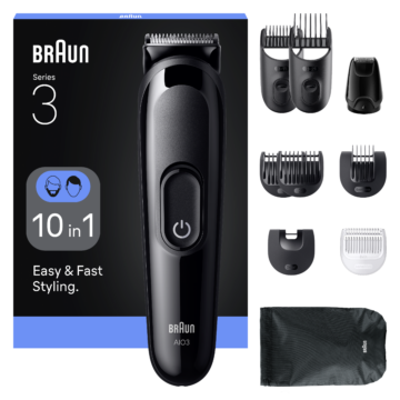 Мултифункционален тример Braun All-In-One Series 3 AIO3560, За лице, коса и тяло, 50 мин батерия, Черен