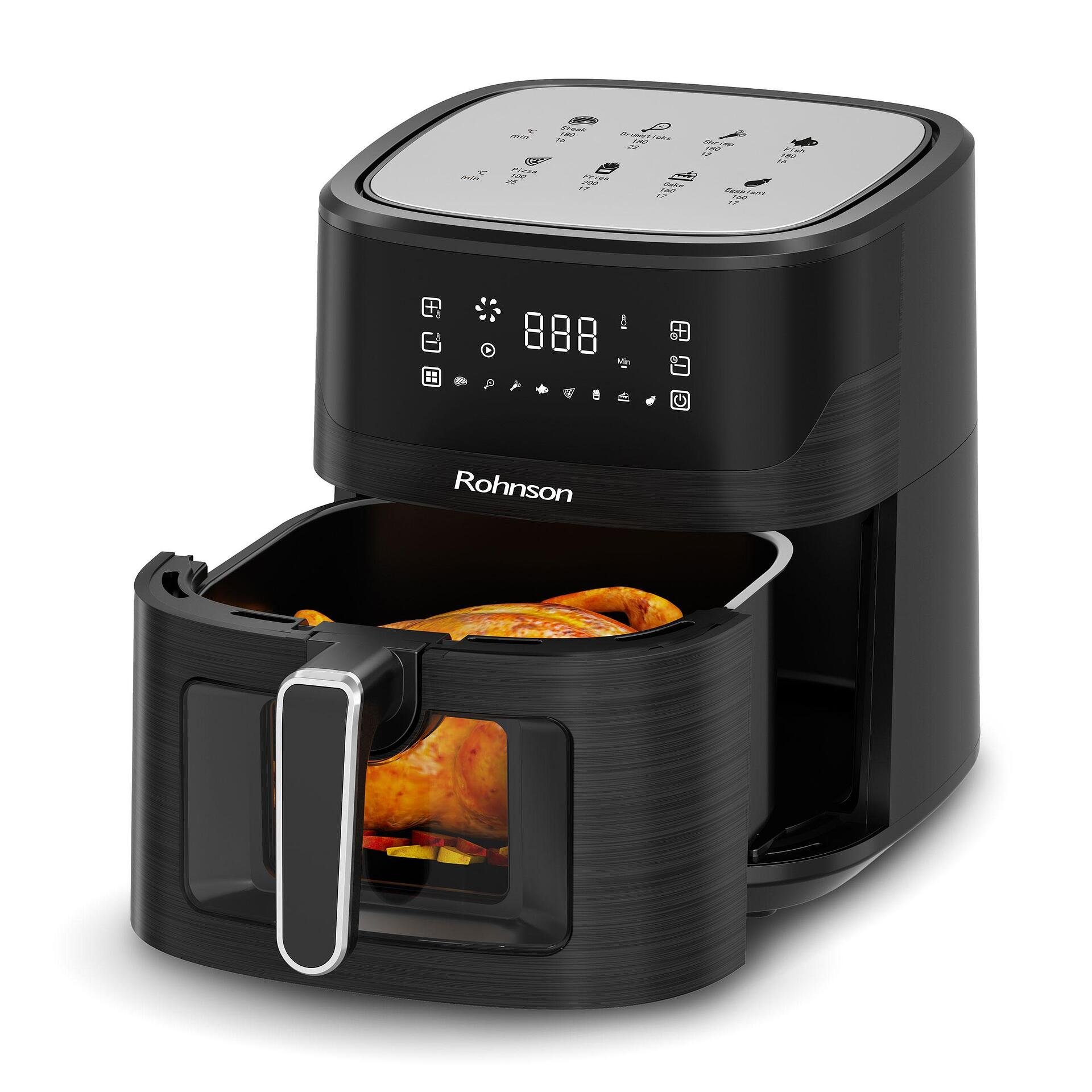 Фритюрник с горещ въздух Rohnson R-2849, Мощност 1600 W, Вместимост 6.5 л, 8 програми, Температура до 200 °C, Прозорец за наблюдение, Черен 3 Air fryer Rohnson R-2849 с прозорец за наблюдение