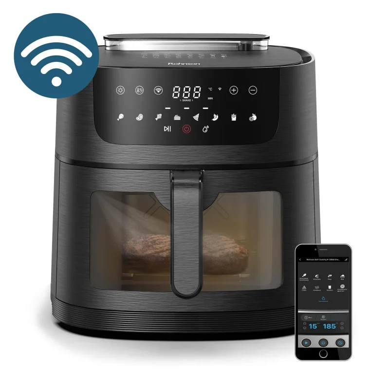 Еър фрайър Rohnson R-2858, Мощност 1800 W, Капацитет 8 л, 8 програми, Wi‑Fi, Функция за генериране на пара, Прозорец за наблюдение, Черен