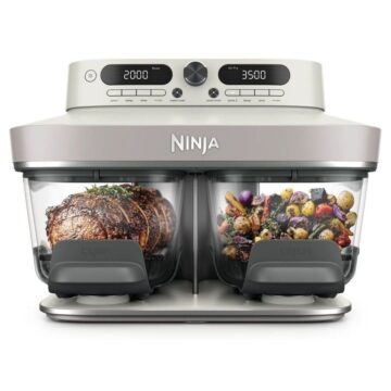 Фритюрникът с горещ въздух Ninja DD102EU CRISPi DualZone, Мощност 2860 W, Капацитет 7.6 л ( 2 х 3.8л), 8 програми, 2 зони за готвене, Стъклени контейнери, Керамични плочи, 2 капака