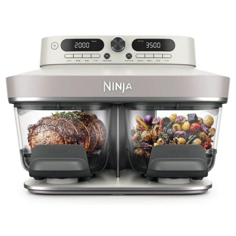 Фритюрникът с горещ въздух Ninja DD102EU CRISPi DualZone, Мощност 2860 W, Капацитет 7.6 л ( 2 х 3.8л), 8 програми, 2 зони за готвене, Стъклени контейнери, Керамични плочи, 2 капака