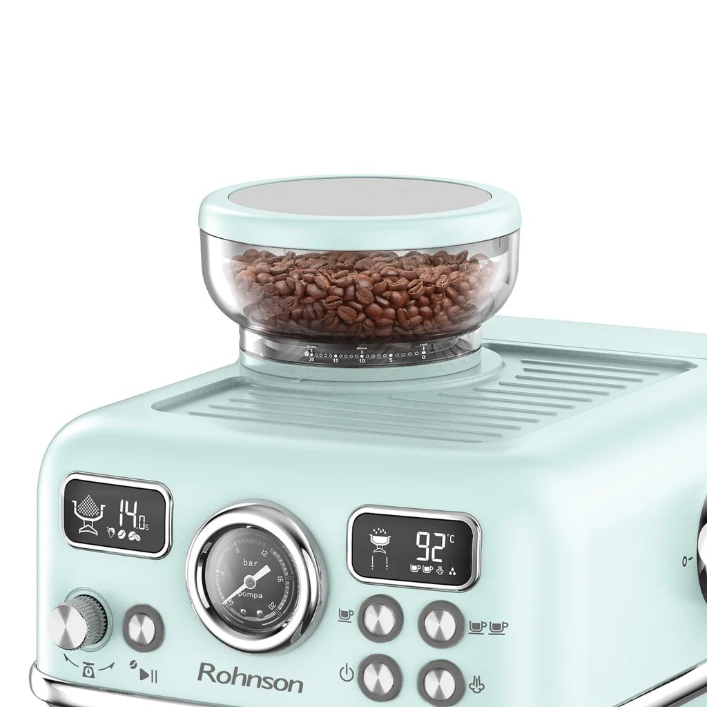 Еспресо Кафемашина с Вградена Кафемелачка Rohnson R-98250G, 20 Бара Екстракционно Налягане, Двоен Температурен Контрол NTC и PID, Вградена Кафемелачка с 20 Нива на Смилане 5 Еспресо кафемашина с вградена кафемелачка Rohnson R-98250G