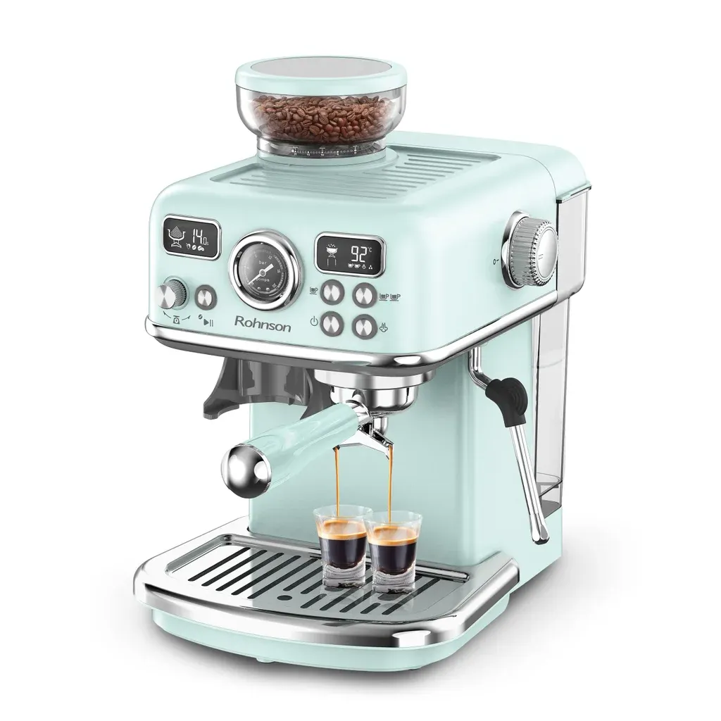 Еспресо Кафемашина с Вградена Кафемелачка Rohnson R-98250G, 20 Бара Екстракционно Налягане, Двоен Температурен Контрол NTC и PID, Вградена Кафемелачка с 20 Нива на Смилане 1 Еспресо кафемашина с вградена кафемелачка Rohnson R-98250G