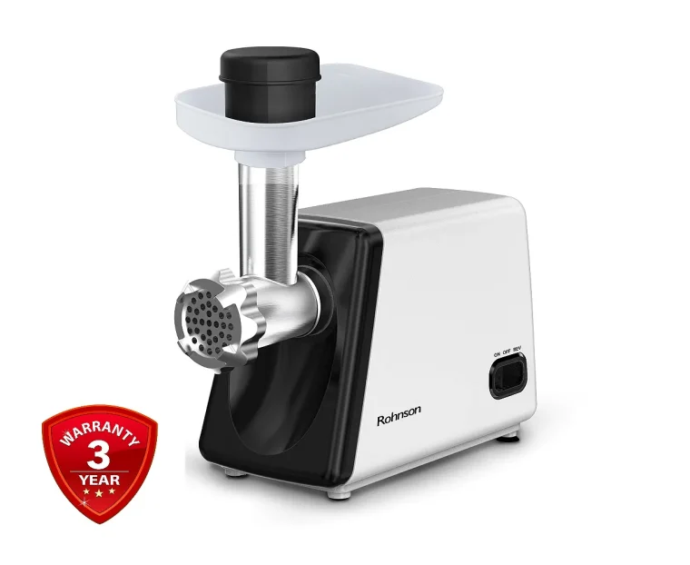 Месомелачка Rohnson R-5422, Мощност 1500 W, Капацитет на 1,8 кг/мин, Обратна функция, 2 метални решетки, 3 приставки, Бял с черен