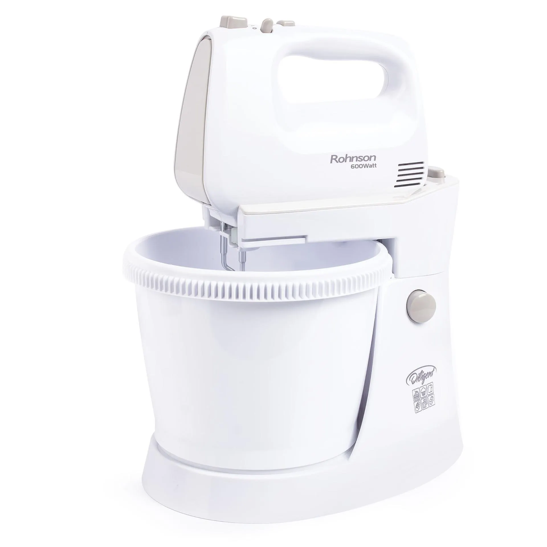 Миксер с купа Rohnson R-5525 Dilligent, Мощност 600 W, 5 скорости + Турбо, Въртяща се купа 3 л, Бъркалки и куки от неръждаема стомана, Бял 1 Миксер с купа Rohnson R-5525 Dilligent