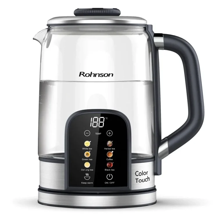 Стъклена електрическа кана Rohnson R-7700 Colour Touch, Мощност до 2200W, Капацитет 1.7 л, 6 температури, Поддържане на топлина до 2 часа