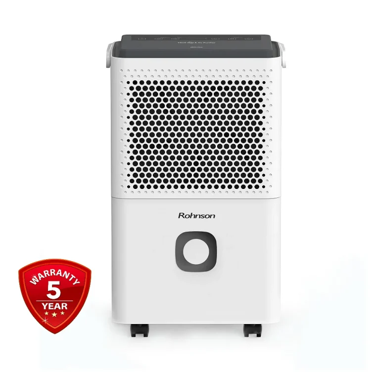 Обезвлажнител Rohnson R-91312, Капацитет на изсушаване12 л/ден, Помещения до 60 Кв.м, True Ion& Air Purifier с йонизация, HEPA филтър, Turbo режим за сушене на пране, Бял
