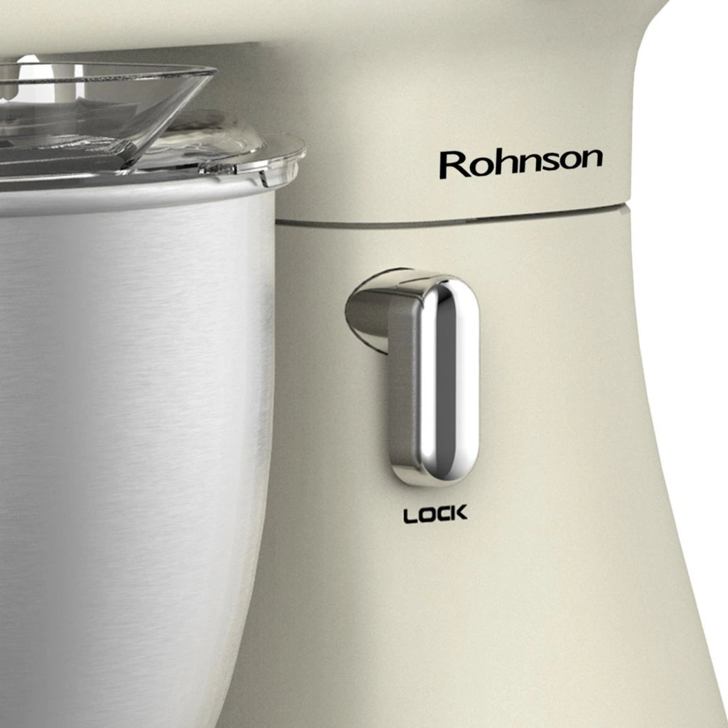 Планетарен миксер Rohnson R-5880, Мощност 1500 W, Купа от неръждаема стомана 7 л, 12 степени на работа, Импулсен режим, Предпазно заключване на главата, Бежов 7 Планетарен миксер Rohnson R-5880 с 7-литрова купа