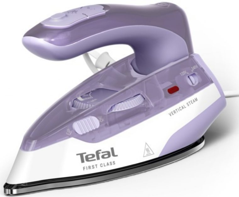 Парна ютия за пътуване Tefal DB1612E0 First Class, Мощност 1800 W, Постоянна пара 35 гр/мин, Парен удар 90 гр/мин, Вертикална пара, Керамична гладеща плоча, Сгъваема дръжка, Бял с лилав