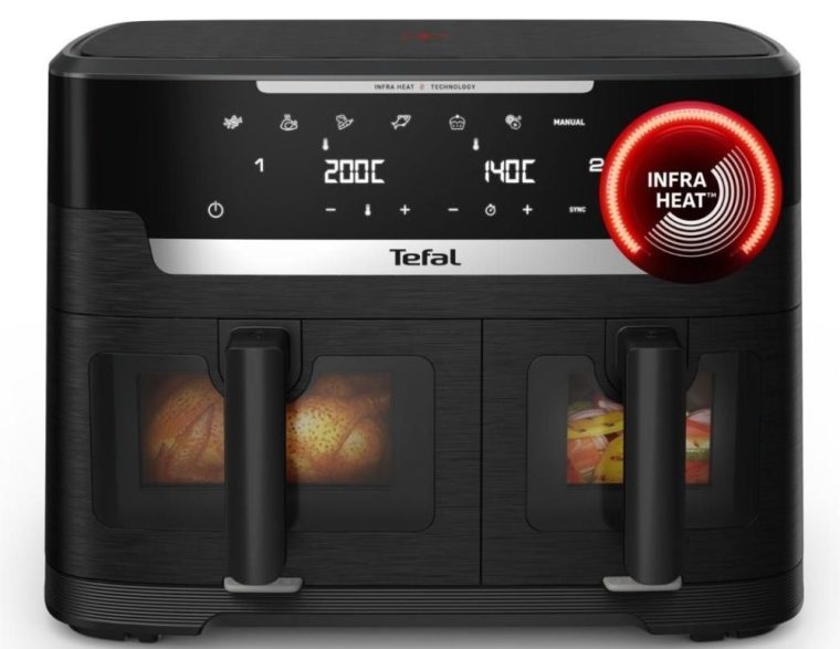 Фритюрник с Горещ Въздух с Две Зони Tefal EY9478E0, Две Зони за Готвене с Вместимост 6,5 L + 4,5 L, Мощност 2700 W, Индивидуални Таймери за Двете Зони, 7 Режима на Готвене