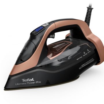 Парна ютия Tefal FV9E50E0 Ultimate Power Pro, Мощност 3200 W, Постоянна пара 85 гр/мин, Парен удар 300 гр/мин, Гладеща плоча Durilium AirGlide Autoclean, Вертикално гладене, Черен
