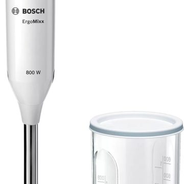 Пасатор Bosch MS61A4110, Мощност 800 W, 12 степени + Турбо, QuattroBlade с четири ножа, Функция против пръски, Мерителна чаша 600 мл, Бял с антрацит