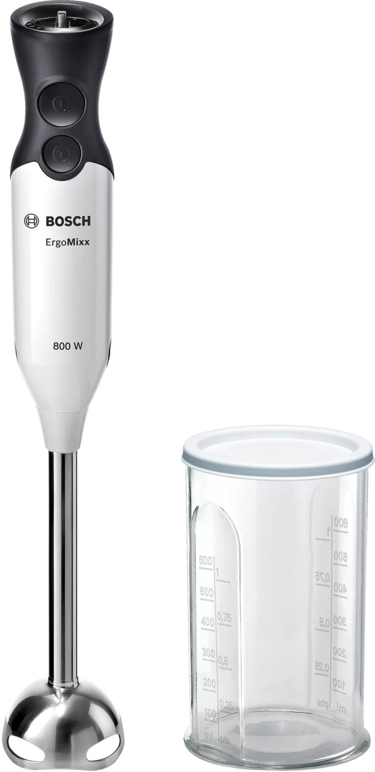 Пасатор Bosch MS61A4110, Мощност 800 W, 12 степени + Турбо, QuattroBlade с четири ножа, Функция против пръски, Мерителна чаша 600 мл, Бял с антрацит