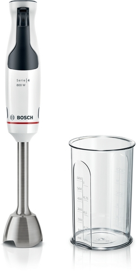 Пасатор BOSCH MSM4W410, Мощност 800 W, Dynamic Speed Control, QuattroBlade с AntiSplash, Метална приставка, Бял с черен