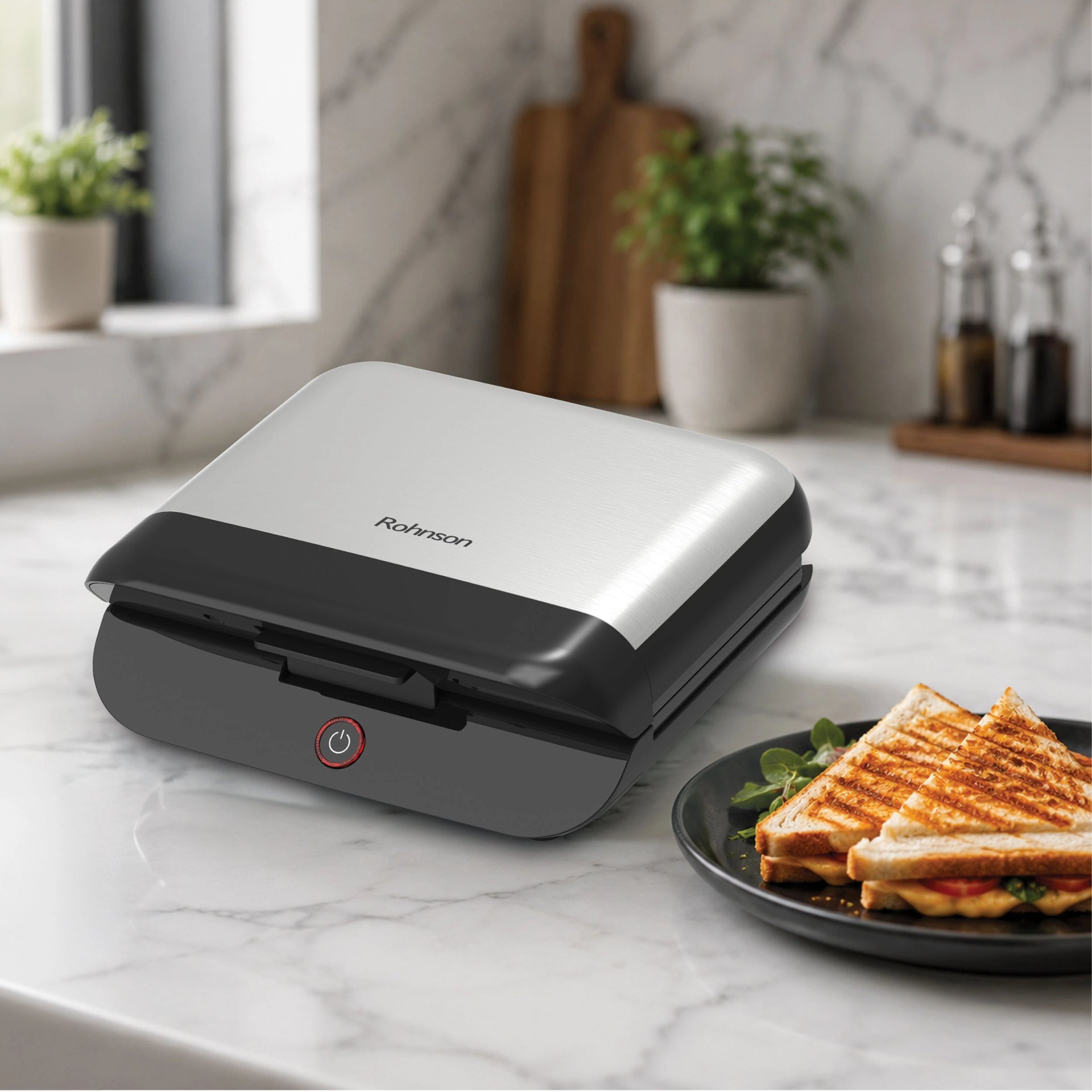 Тостер за Сандвичи Rohnson R-2631,800 W, PFAS-free Незалепващо Покритие, Плочи 21 × 12 Cm, Термостатично Управление на Температурата 7 Тостер за сандвичи Rohnson R-2631