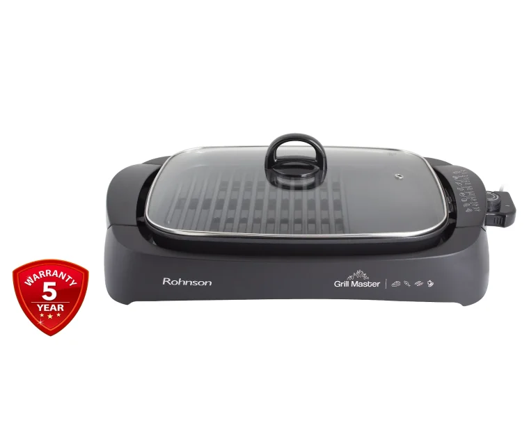 Електрическа скара Rohnson R-2525 Grill Master, Мощност 2200 W, Температура до 230 °C, Сваляща се плоча, Незалепваща, Подвижна тавичка за мазнина, Черен